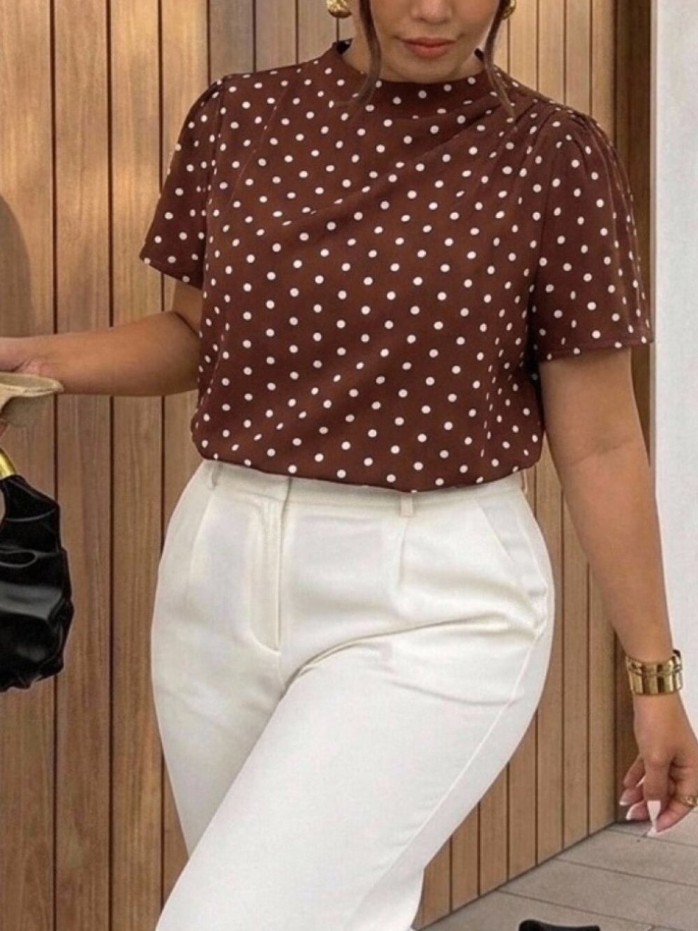 Brown Casual Women's Polka Dot Pattern Fabric Short Sleeve Shirt